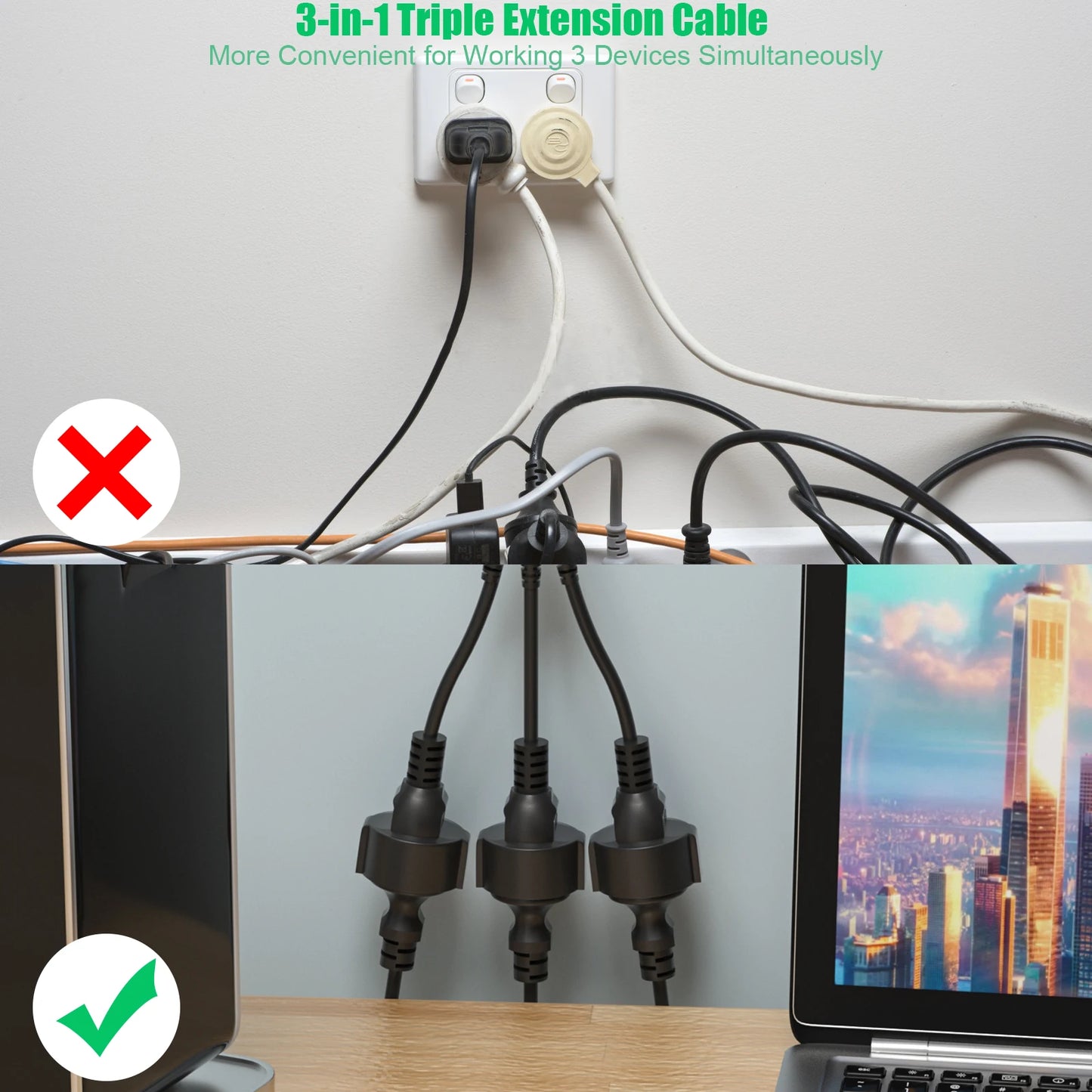 EU Power Extension Cord Cable | with 3 AC Schuko Sockets | Three Plug Adapter | 250 V/16A | IP20 | Suitable for Computer | Home Use