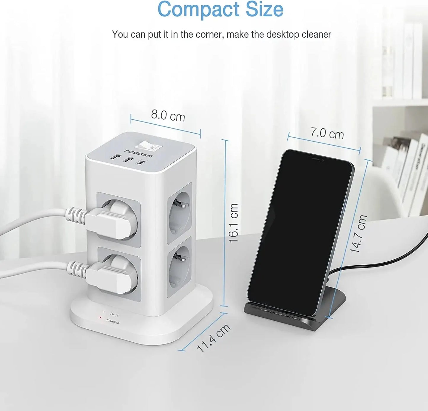 TESSAN Tower Power Strip | Multi Outlets | 2 USB + 1 Type C | 2M Extension Cable | EU Plug | Vertical Electric Socket | Surge Protection