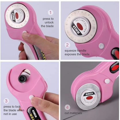 45mm Rotary Cutter with 5pcs Replacement Blades & Sewing Clips & Fabric Marker Pen for DIY Sewing Fabric Leather Quilting
