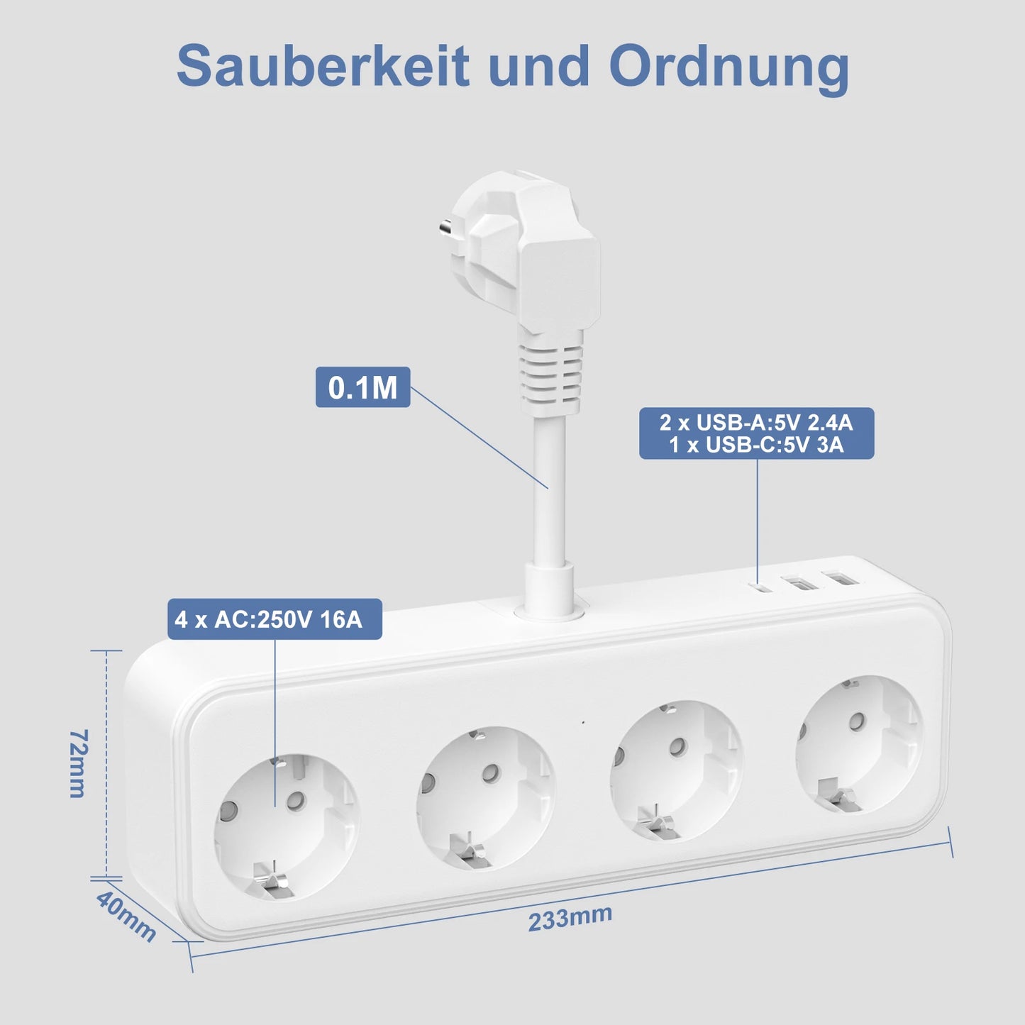 3840W EU Plug Power Strip with USB Fast Charge Ports 4AC Outlets and 3 USB Multi Electrical Socket 16A Extension Surge Protector