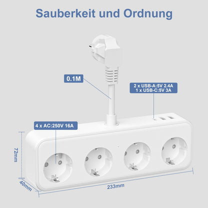 3840W EU Plug Power Strip with USB Fast Charge Ports 4AC Outlets and 3 USB Multi Electrical Socket 16A Extension Surge Protector