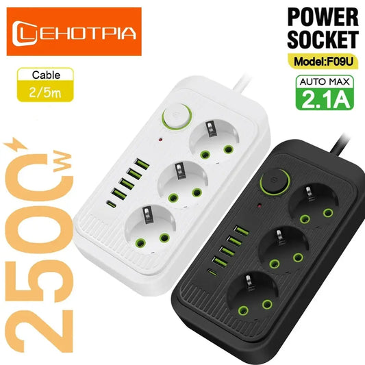 5m | EU Plug AC Outlets | Multitap Socket Extension Cord | Electrical Power Strip | USB Type-C Fast Charging | Network Filter Adapter