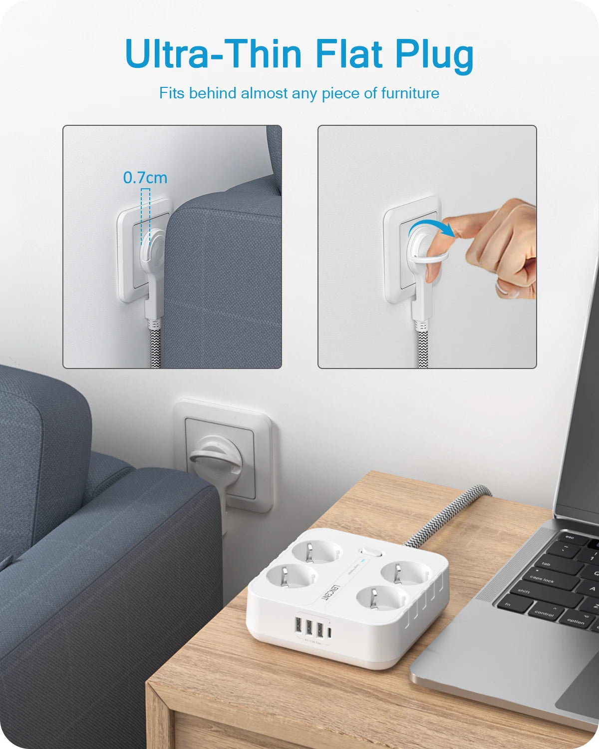 LENCENT EU Plug Power Strip | 4 AC Outlets | 3 USB | 1 Type C | 2M/3M Braided Cable | Multi Socket with Switch | for Home/Office