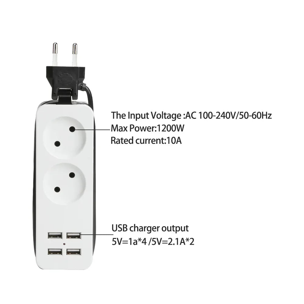 4.0mm/4.8mm EU/KR Plug Power Strip with 4 USB Portable Extension Socket Plug AC Power Travel Adapter USB Smart Phone Charger