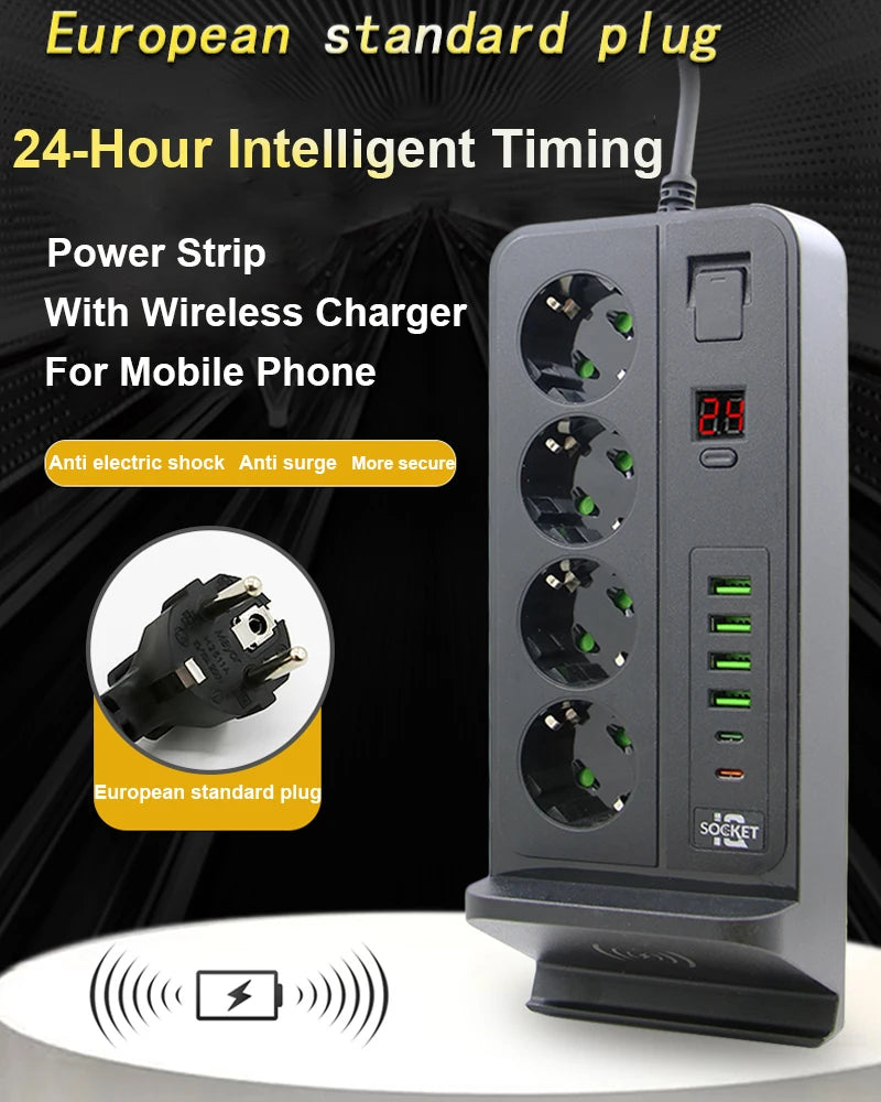 EU Plug | AC Outlet | Power Strip | Multiprise | Extension Cord | Electrical Socket | Phone Wireless Charging | Network Filter | USB | 24H Timing