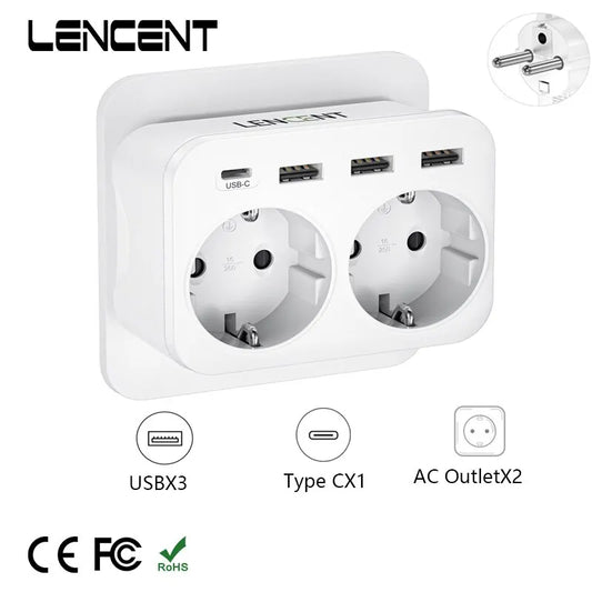 LENCENT EU Wandcontactdoos Extender | 6-in-1 Multi Socket with 2 AC Outlets + 3 USB Ports + 1 Type-C (5V 2.4A) |  | 16A, 4000W Max  | Power Charger Adapter met Overbelastingsbeveiliging | Voor Thuis/Kantoor