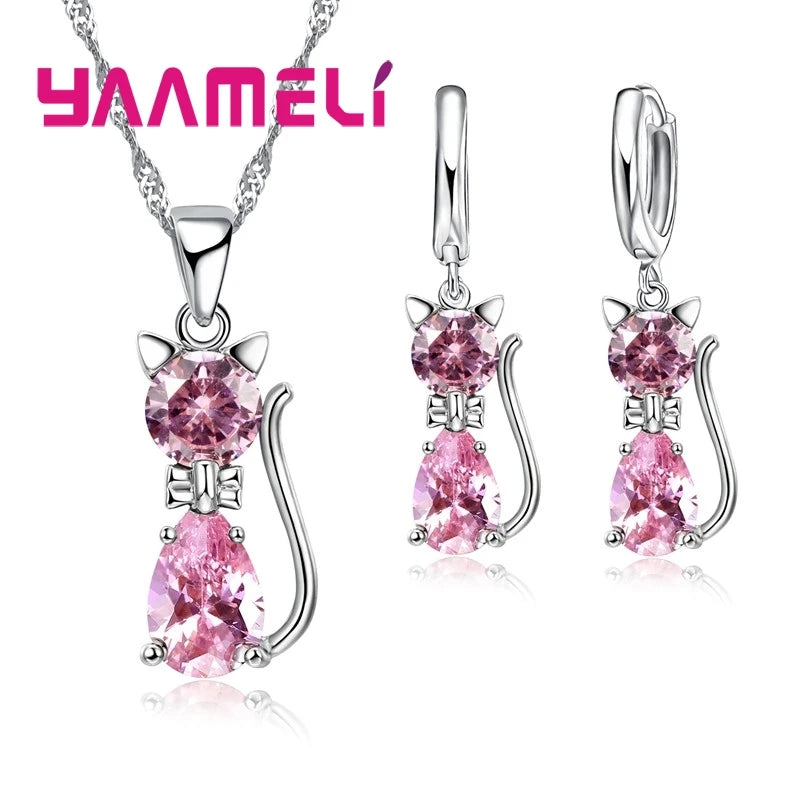 925 Sterling Silver Cat Necklace & Earring Set for Women – Cubic Zirconia Crystal Cute Jewelry Set