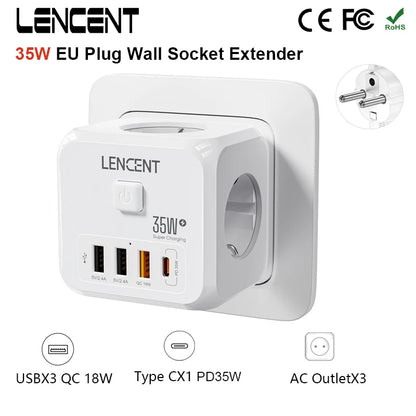 LENCENT EU Plug Power Strip | Wall Socket | 3 AC + 3 USB QC 18W | 1 Type C PD 35W Fast Charger Adapter | 7-in-1 Socket | On/Off Switch