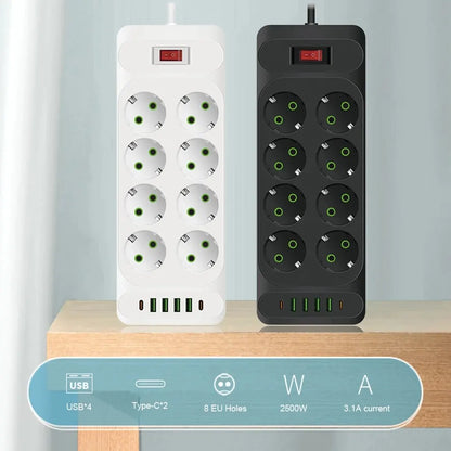 EU Plug | AC Outlet | Multitap Power Strip | 2m Extension Cord | Electrical Socket | Smart USB | Home Office | Surge Protector | Network Filter