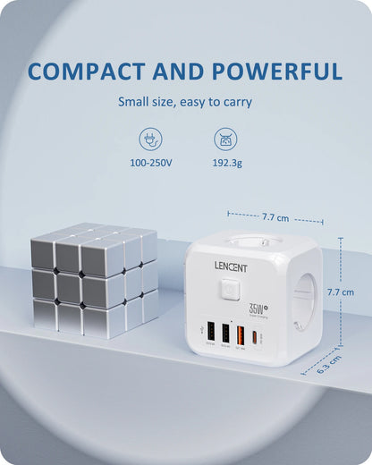 LENCENT EU Plug Power Strip | Wall Socket | 3 AC + 3 USB QC 18W | 1 Type C PD 35W Fast Charger Adapter | 7-in-1 Socket | On/Off Switch