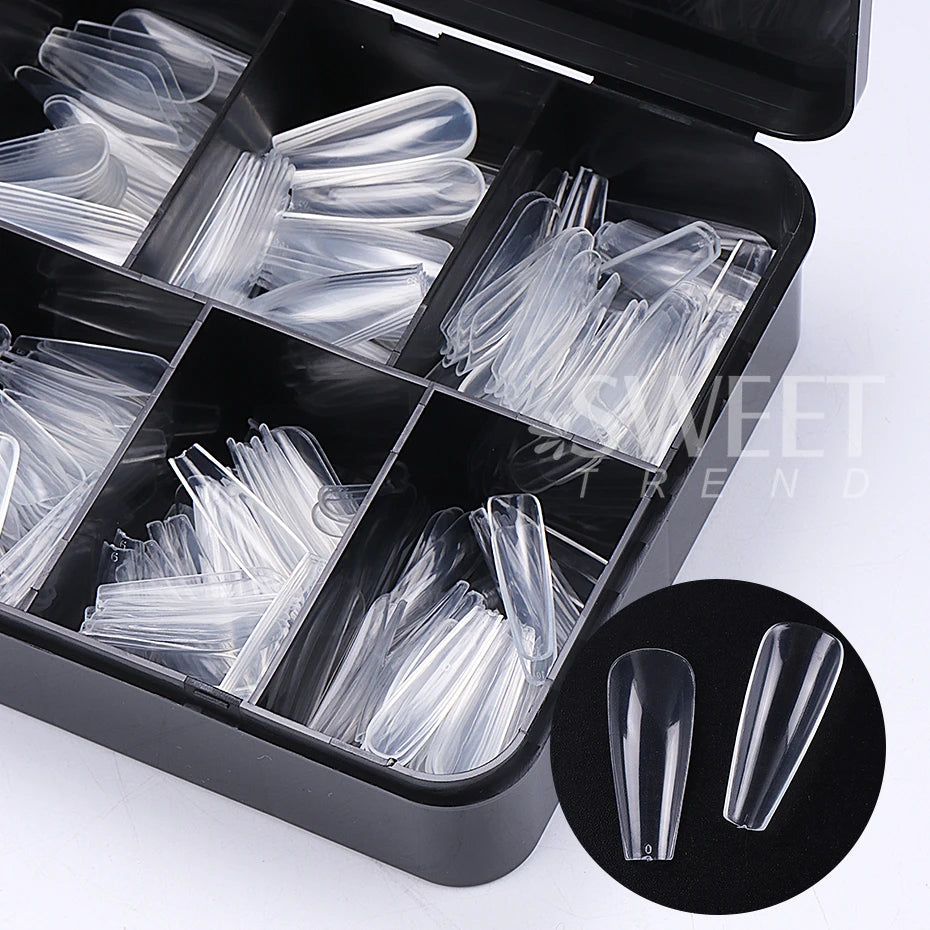 600pcs Transparent Press On False Nail Tips – Full Cover Long Coffin, Stiletto, Almond, Square & Oval Acrylic Nail Extensions