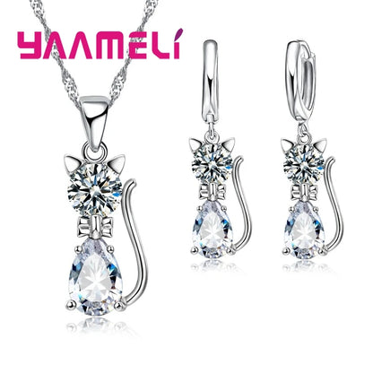 925 Sterling Silver Cat Necklace & Earring Set for Women – Cubic Zirconia Crystal Cute Jewelry Set