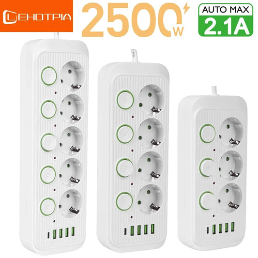 EU Plug | Multiple Sockets | AC Outlets | Power Strip | Extension Cable | With USB Ports | Surge Protector | Network Filter | Individual Switch