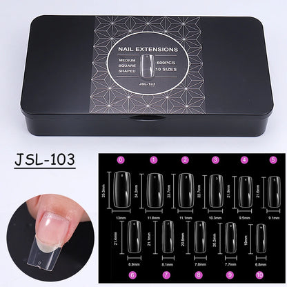 600pcs Transparent Press On False Nail Tips – Full Cover Long Coffin, Stiletto, Almond, Square & Oval Acrylic Nail Extensions