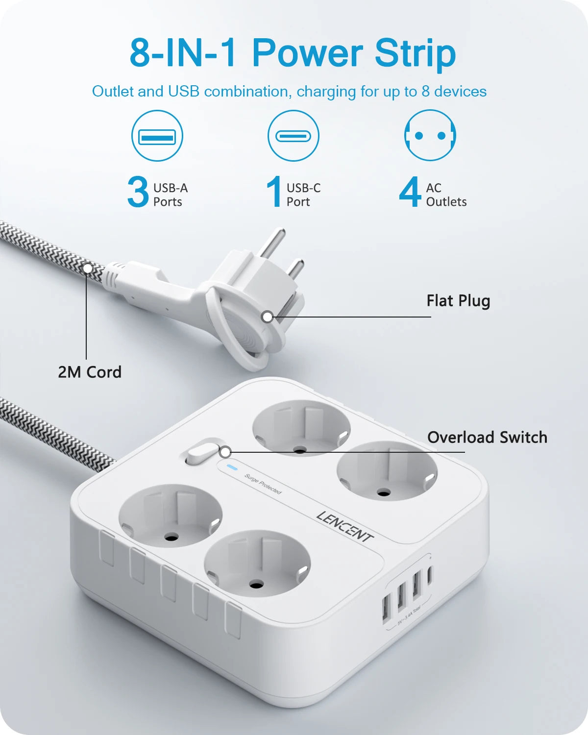 LENCENT EU Plug Power Strip | 4 AC Outlets | 3 USB | 1 Type C | 2M/3M Braided Cable | Multi Socket with Switch | for Home/Office