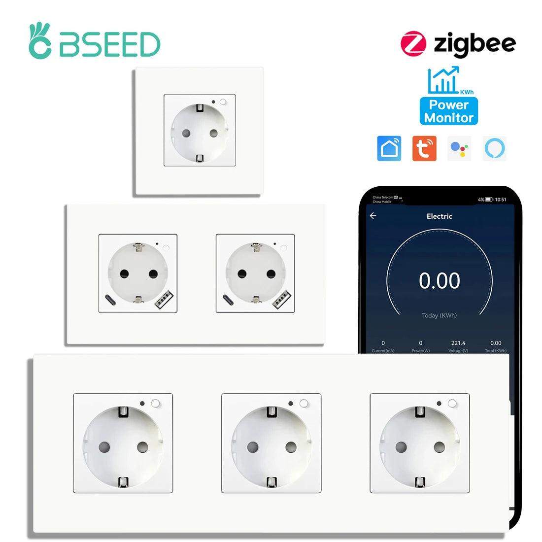 BSEED Single ZigBee Wandstopcontacten | Energie Monitor | Dubbele Slimme Meter Sockets | Google Smart Life App | Alexa | Drievoudige Stopcontacten | EU Kunststof