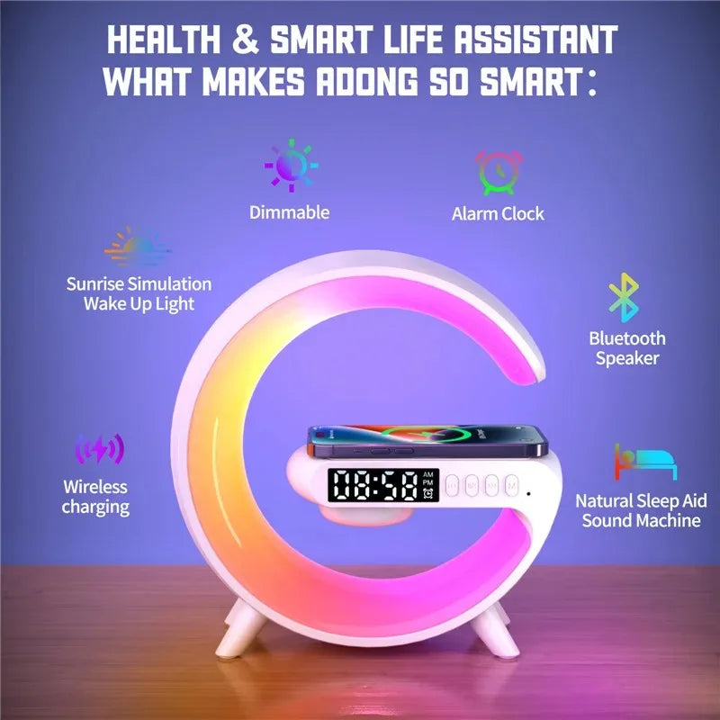 Wireless Charger Pad Stand | Speaker | TF Card | RGB Night Light Lamp | Alarm Clock | Fast Charging Station Dock | for iPhone Samsung Xiaomi