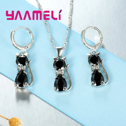 925 Sterling Silver Cat Necklace & Earring Set for Women – Cubic Zirconia Crystal Cute Jewelry Set