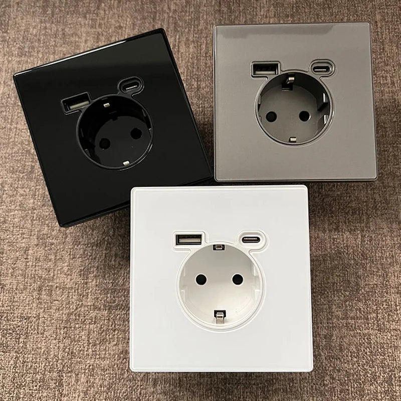 YINKA EU Standard Socket | Tempered Glass | 16A Wall Power Outlet | AC110V-250V | Universal Socket | USB Type-C Charge Port | 5V 2100mA