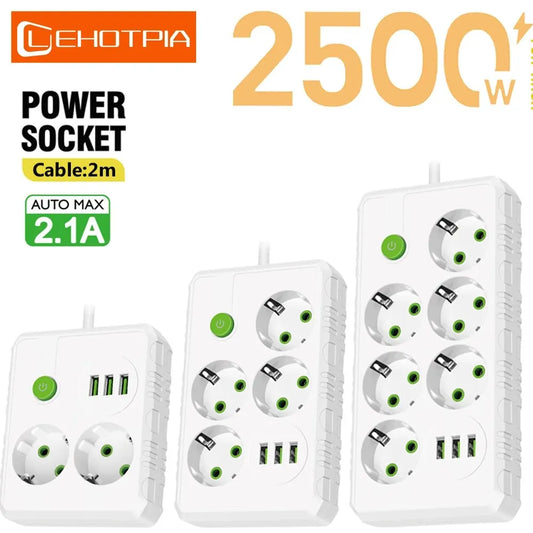 EU Plug AC Outlets | Multitap Power Strip | 2m Extension Cord | USB Ports | Fast Charging Adapter