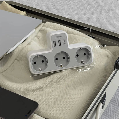 TESSAN EU Plug Power Strip | 3 AC Outlets | 2 USB Ports | 1 Type C | 6-in-1 Plug Socket Adapter | Wall Charger | for Home Office