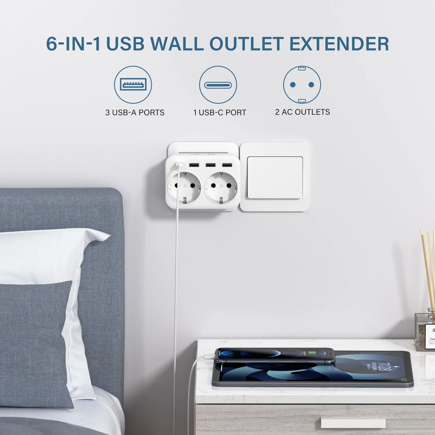 LENCENT EU Wall Socket Extender | 2 AC Outlets | 3 USB Ports | 1 Type C Port | 5V 2.4A Power Charger Adapter | Overload Protection | for Home/Office