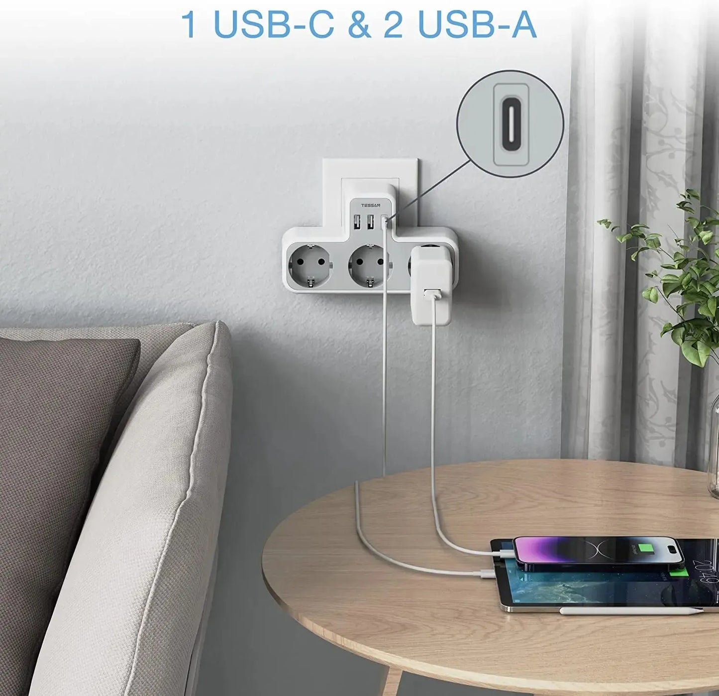 TESSAN EU Plug Power Strip | 3 AC Outlets | 2 USB Ports | 1 Type C | 6-in-1 Plug Socket Adapter | Wall Charger | for Home Office