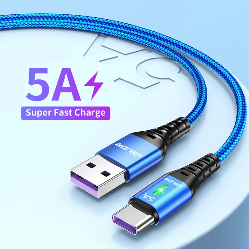 USLION 5A USB Type C Cable Wire For Samsung S22 Xiaomi mi 12 Mobile Phone Fast Charging USB C Cable Type-C Charger Cables Blue