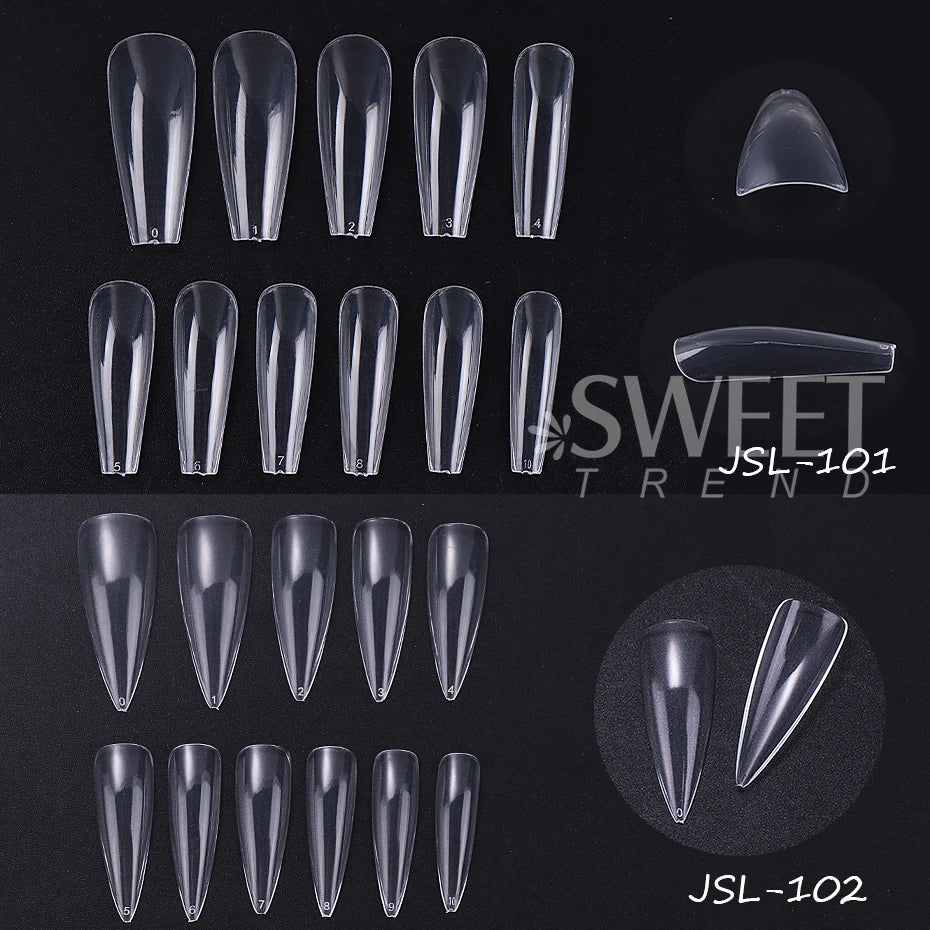 600pcs Transparent Press On False Nail Tips – Full Cover Long Coffin, Stiletto, Almond, Square & Oval Acrylic Nail Extensions