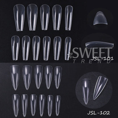 600pcs Transparent Press On False Nail Tips – Full Cover Long Coffin, Stiletto, Almond, Square & Oval Acrylic Nail Extensions