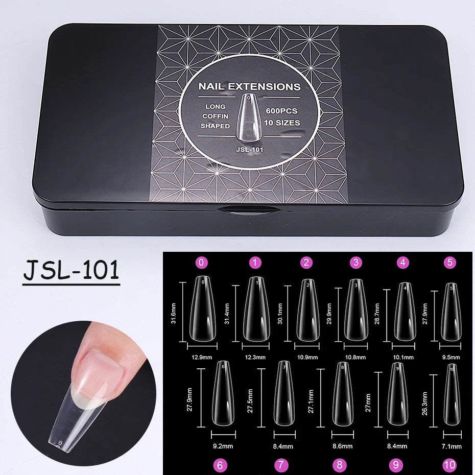 600pcs Transparent Press On False Nail Tips – Full Cover Long Coffin, Stiletto, Almond, Square & Oval Acrylic Nail Extensions