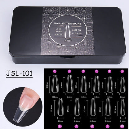 600pcs Transparent Press On False Nail Tips – Full Cover Long Coffin, Stiletto, Almond, Square & Oval Acrylic Nail Extensions