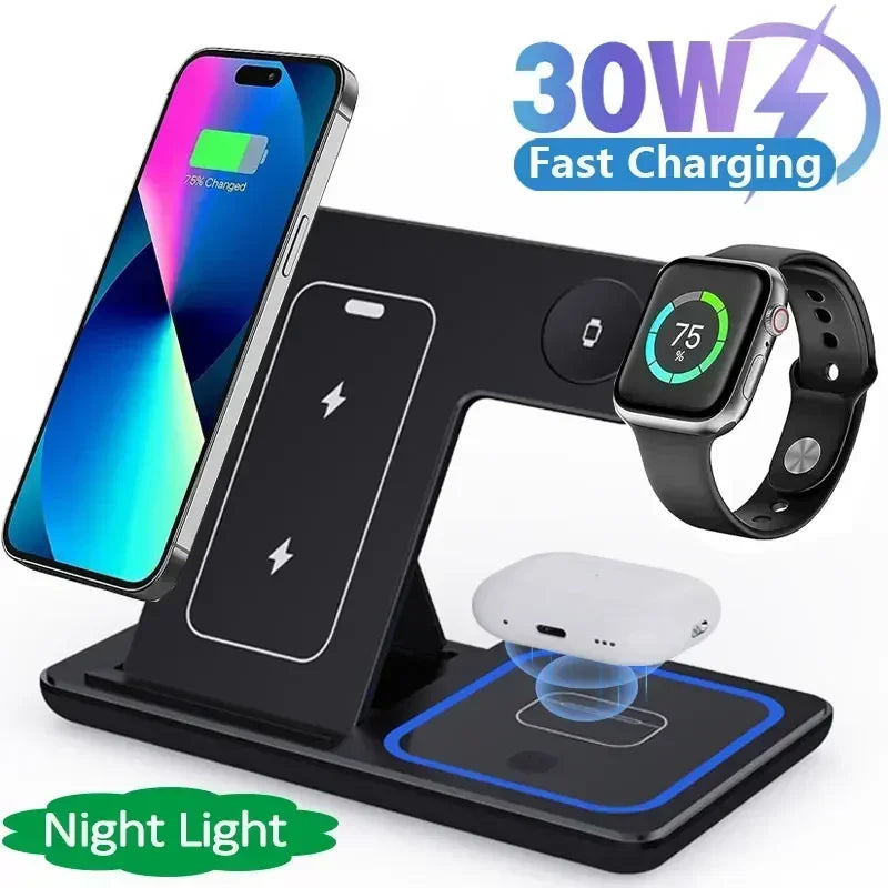 30W | Magnetic Wireless Charger Stand | iPhone 15 14 13 12 Pro Max | Apple Watch 8 7 | AirPods Pro | 3 In 1 Fast Phone Charging Station