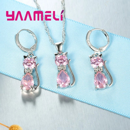 925 Sterling Silver Cat Necklace & Earring Set for Women – Cubic Zirconia Crystal Cute Jewelry Set