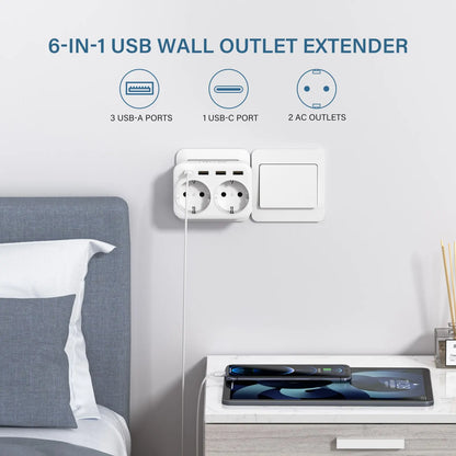 LENCENT EU Wandcontactdoos Extender | 6-in-1 Multi Socket with 2 AC Outlets + 3 USB Ports + 1 Type-C (5V 2.4A) |  | 16A, 4000W Max  | Power Charger Adapter met Overbelastingsbeveiliging | Voor Thuis/Kantoor