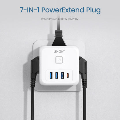 LENCENT EU Stekkerdoos | 3 AC Stopcontacten | 3 USB Oplaadpoorten | 1 Type C 5V 2.4A Adapter | 7-in-1 Stekkerdoos | Aan/Uit Schakelaar